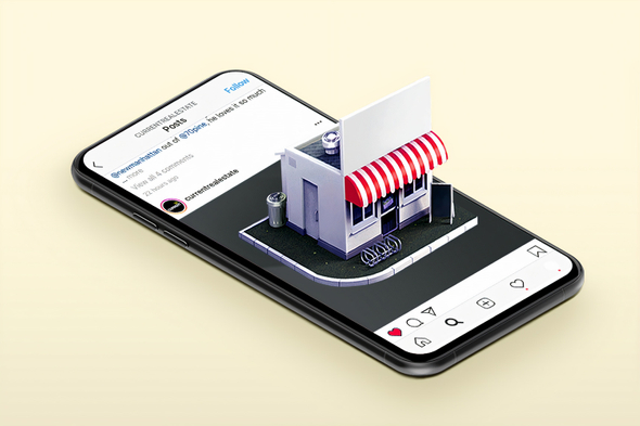 Um celular e na tela dele está aberto o Instagram. Saindo da tela, em 3D, há uma pequena loja, mostrando a intersecção entre lojas físicas e online.