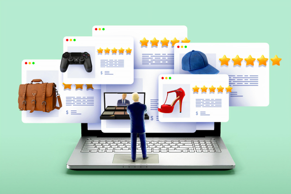 Ilustração de um homem em pé em cima de notebook, vendo várias páginas de produtos online e olhando avaliações, decidindo se vai comprar ou não.